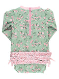 Baby Girls Tea Roses Long Sleeve One Piece Rash Guard Swimsuit with Signature Rear Ruffles