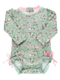 Baby Girls Tea Roses Long Sleeve One Piece Rash Guard Swimsuit with Signature Rear Ruffles